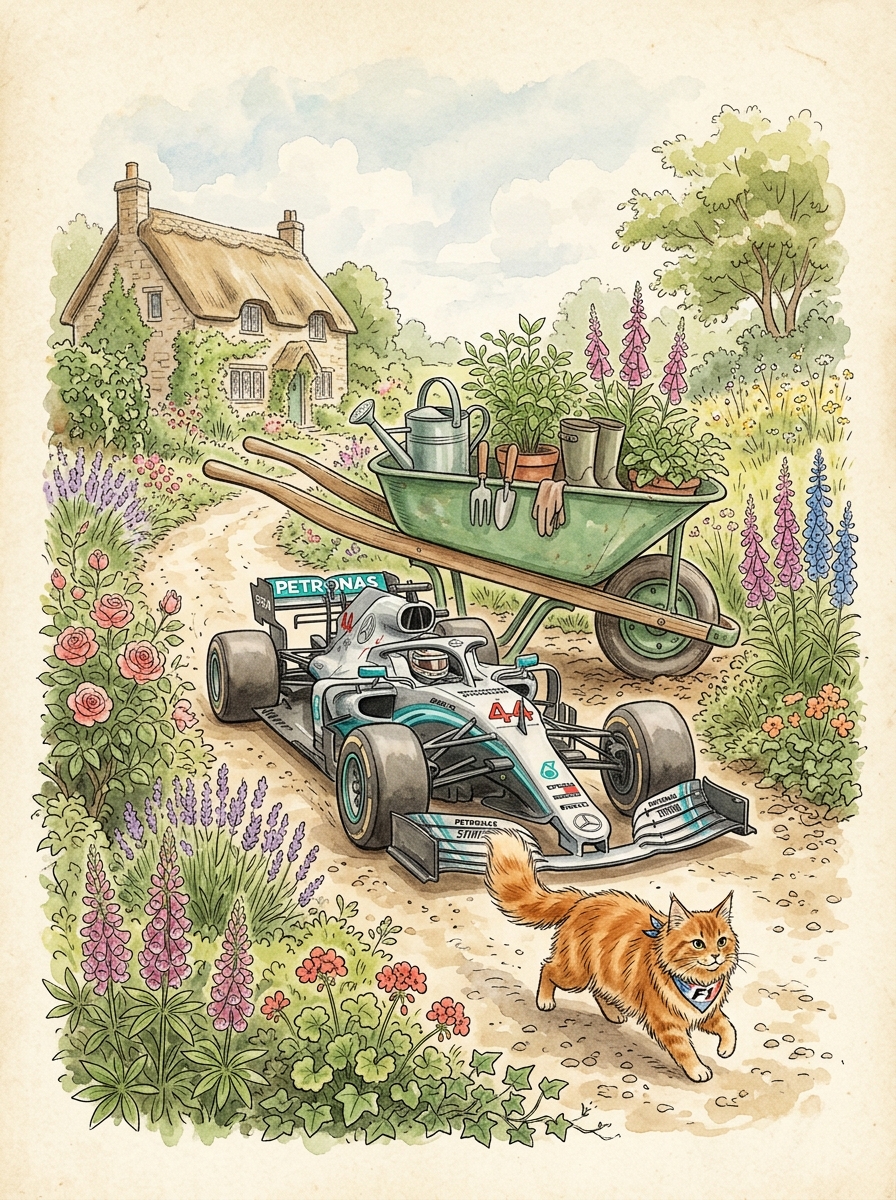 Modern Mercedes F1 car driving under a wheelbarrow chased by a ginger Maine Coon