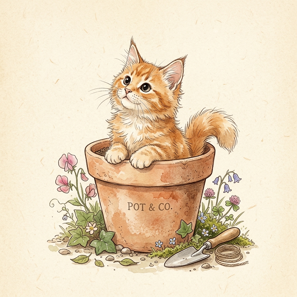 Ginger Maine Coon cat in a terracotta flowerpot
